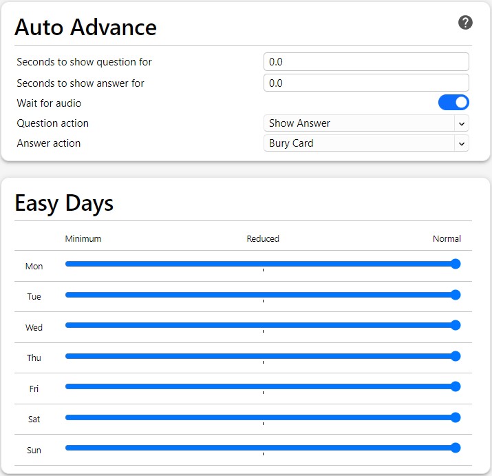 A screenshot of the Anki deck options showing the sections of settings for Auto Advance and Easy Days.